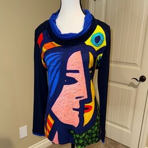 Simply Art by Dolcezza Vibrant Blue Pink Graphic cowl neck sweater Picasso vibes